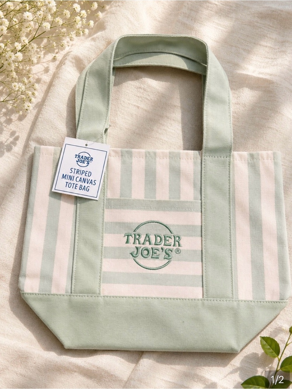 Trader Joe's green striped canvas mini tote bag